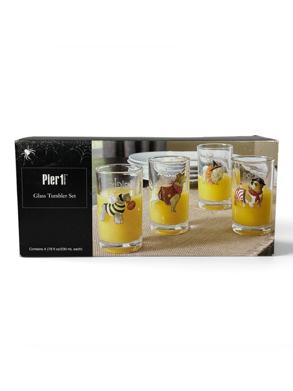 Pier1 Imports Glass Tumbler Set of 4 “Dogs in Costumes” Halloween Retired 7.8 oz